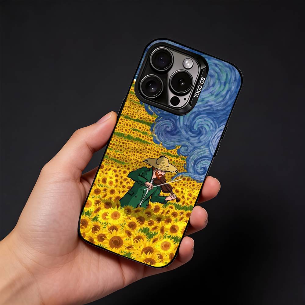 V-Van Gogh Starry Night Sunflower Cat Phone Case For iPhone17, 16,15,14,13,12 Pro Max Black Candy Matte Shockproof Cover