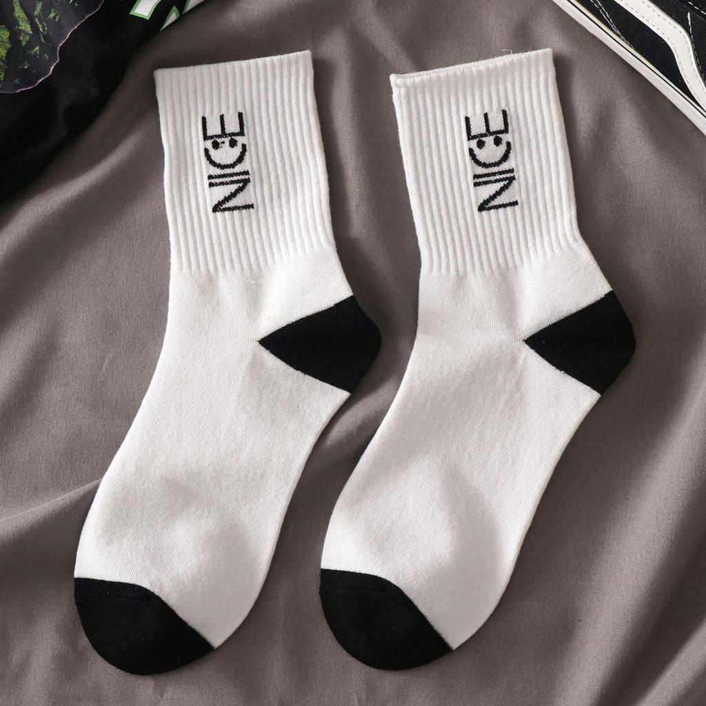 Women's Korean Trendy Cartoon Long Sports Socks - Black & White, Mid-Tube, Autumn/Winter, All-Match.