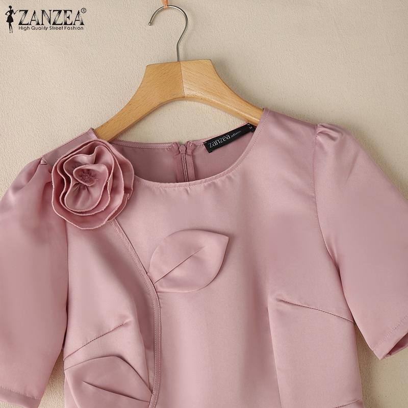 ZANZEA Women Summer Casual 3D Flower Splice Short Sleeve Dress