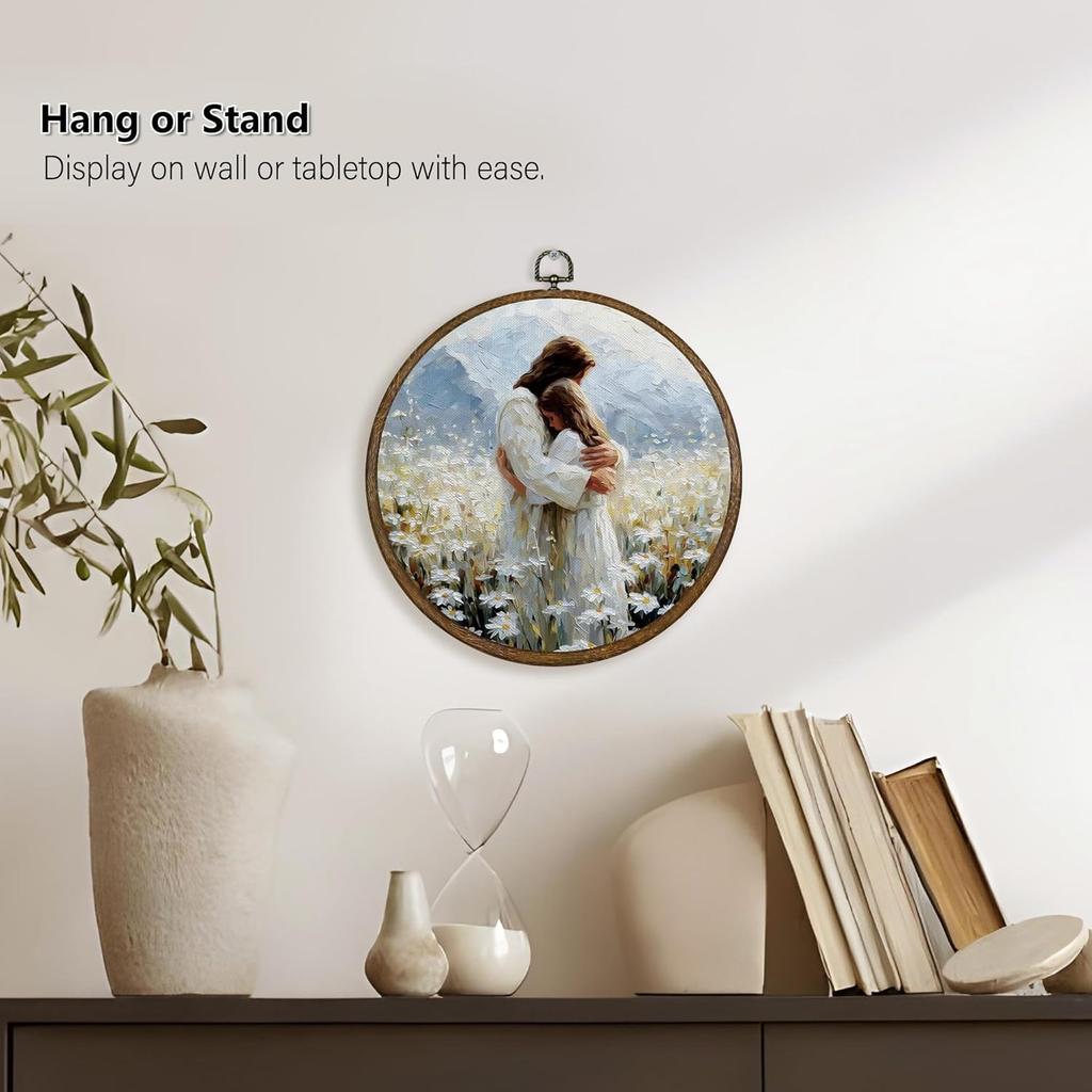 Qskjre Jesus Hugging Girl Wall Art Decor, Christian Jesus and Woman Round Wood Framed Canvas Picture Wall Artwork for Living Room, Healing Embrace