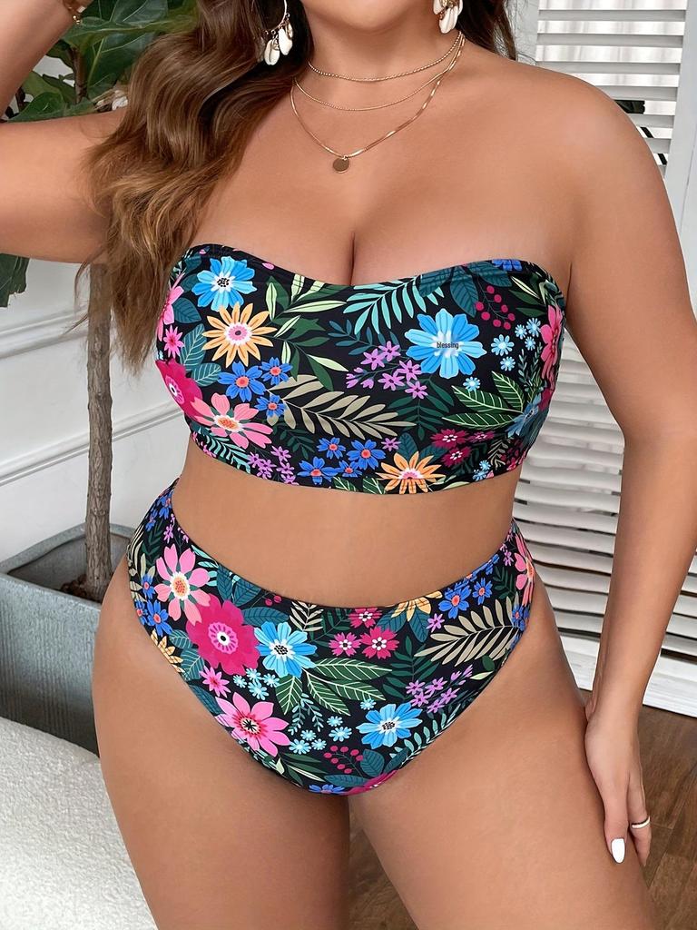 Купальник-бандо с высокой талией большого размера 2024 - Европейский и американский принт