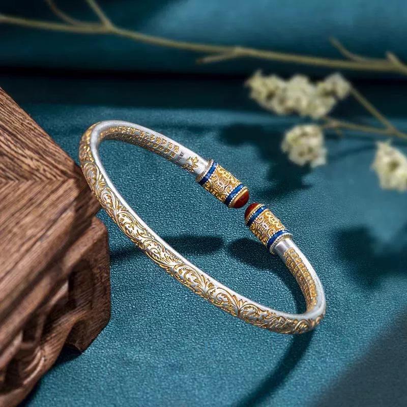 Popular Series Open-end sterling silver bracelet with gold-painted floral patterns and the Heart Sutra, symbolizing good fortune and auspiciousness