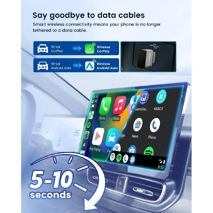 HEYINCAR Wired To Wireless CarPlay/Android Auto Adapter Plug and Play USB-A/C for VW Toyota Nissan Ford Benz for OEM Wired Cars