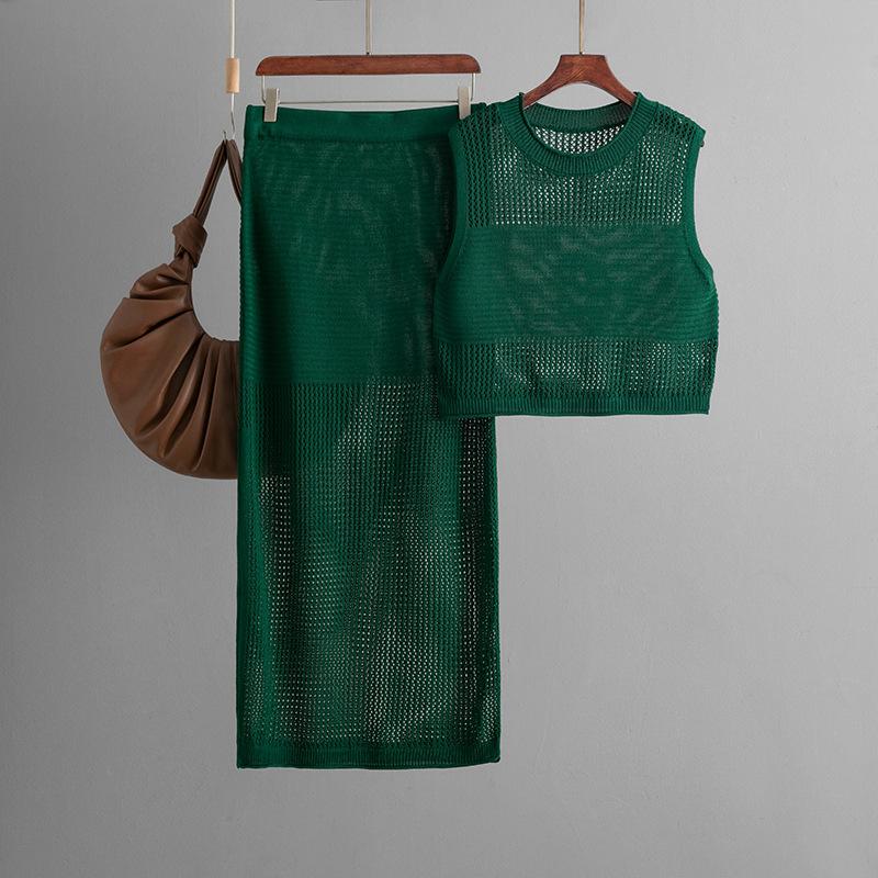 Slim-fit Hollow Sleeveless Vest Set, Summer New Knitted Slit Skirt Two-piece Set