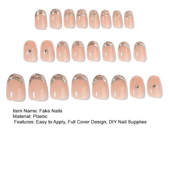 24Pcs Short Oval Press on Nails for Women, Silver-color Tip Rhinestone Star Glue on False Nails, Removable Stick-on Fake Nails Decoration