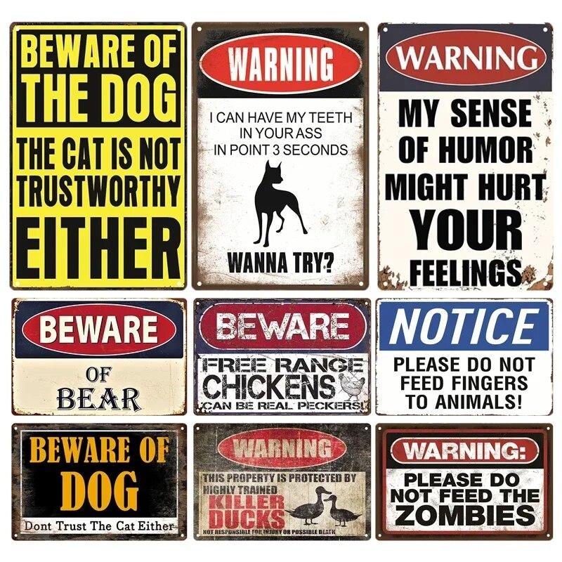 Beware Animals Dog Cat Bull Kraken Chickens Bigfoot Area Retro Tin Sign Caution Decorative Vintage Plaque Metal Poster Decor