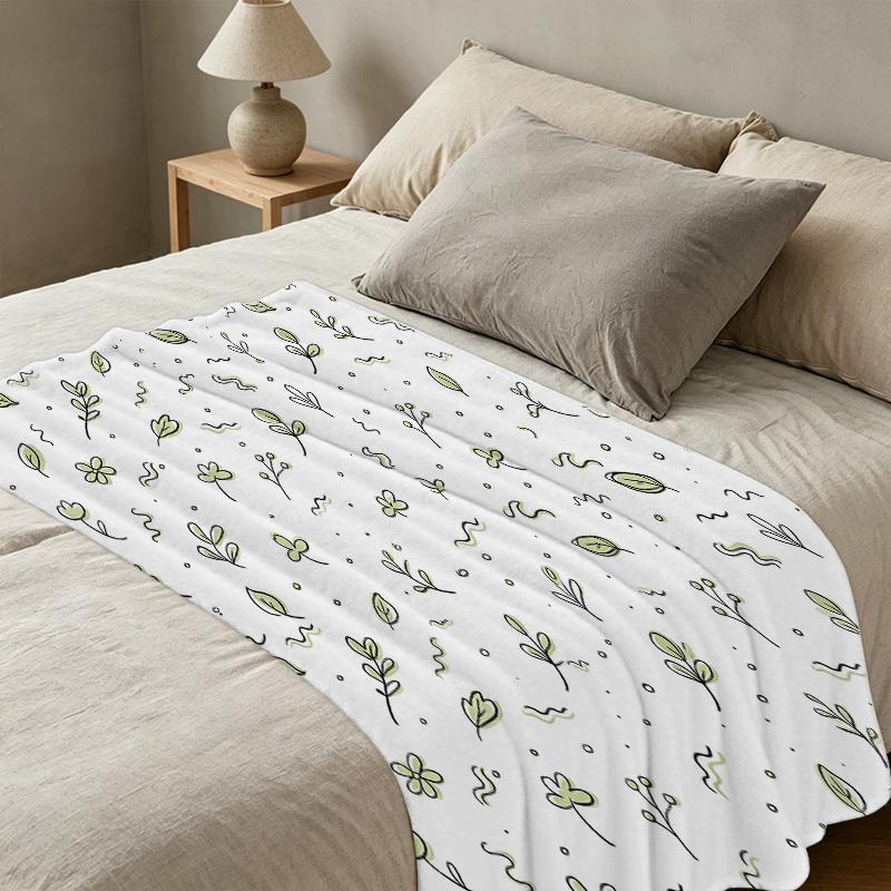Cozy High-Density Fleece Blanket - Minimalist Green Plant Print, Soft Skin-Friendly Throw, for Home Relax, Halloween & Christmas Use