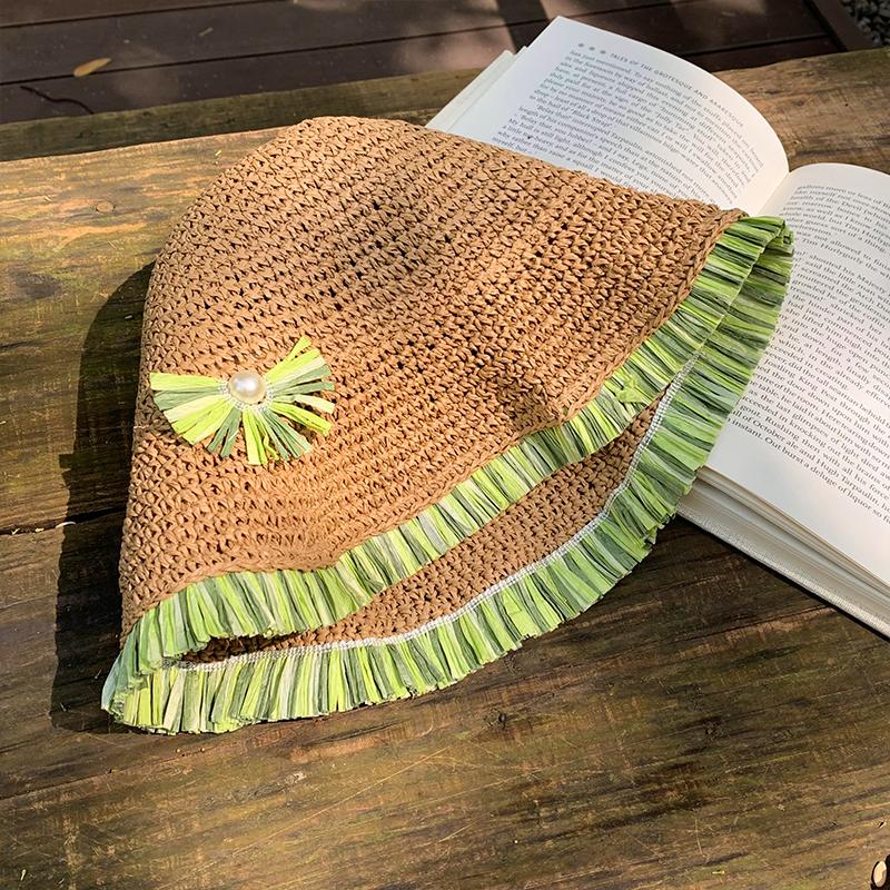 Свежая мятно-зеленая кружевная соломенная шляпа для женщин 2024 года, летняя дорожная шляпа с большими полями, защита от солнца, универсальная складная повседневная шляпа-ведро