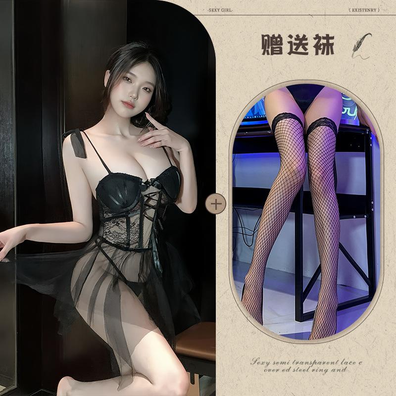 Sexy underwear, sexy slim mesh perspective plus chest pad, steel ring gathering suspenders, nightdress women's suit