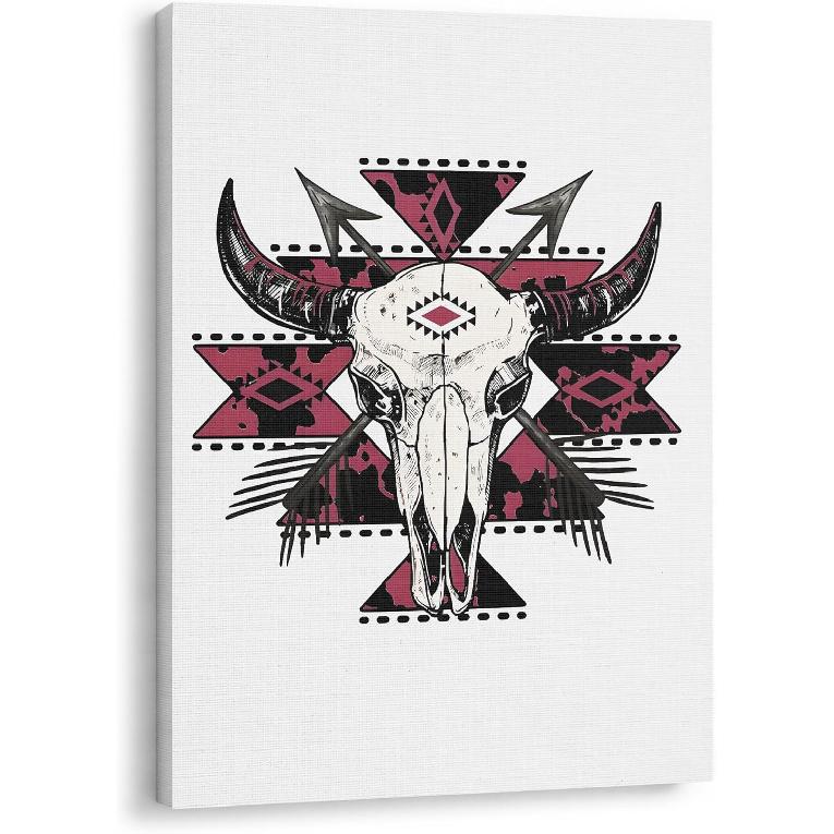 GTYNU Boho Aztec Western Cow Bull Skull Framed Canvas Wall Art Decor, Southwestern Wall Art Canvas Prints, Boho Bedroom Decor, Western Wall Decor for