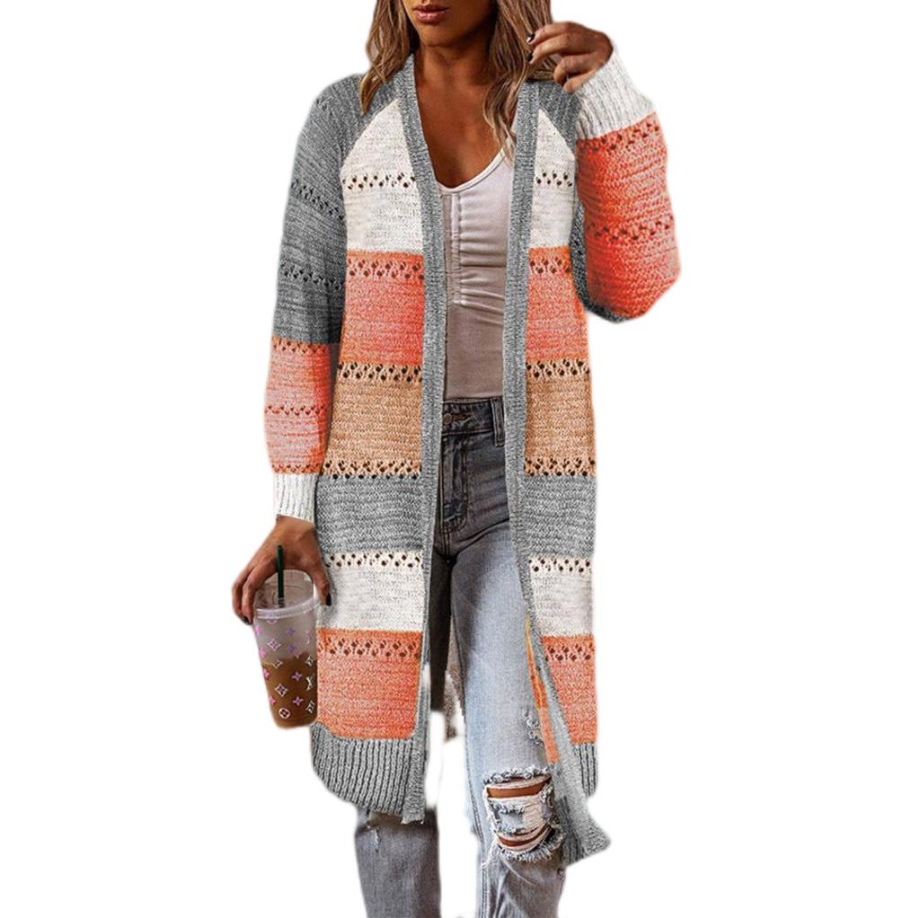 Women's Open Front Block Color Knitted Cardigan Crochet Sweaters Long Sleeve Casual Trendy Outwear