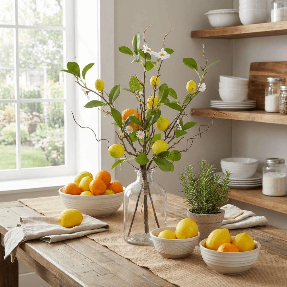 Green Leaves Lemon Fruit Branch with Flower Simulated Fruit Tree Living Room Porch