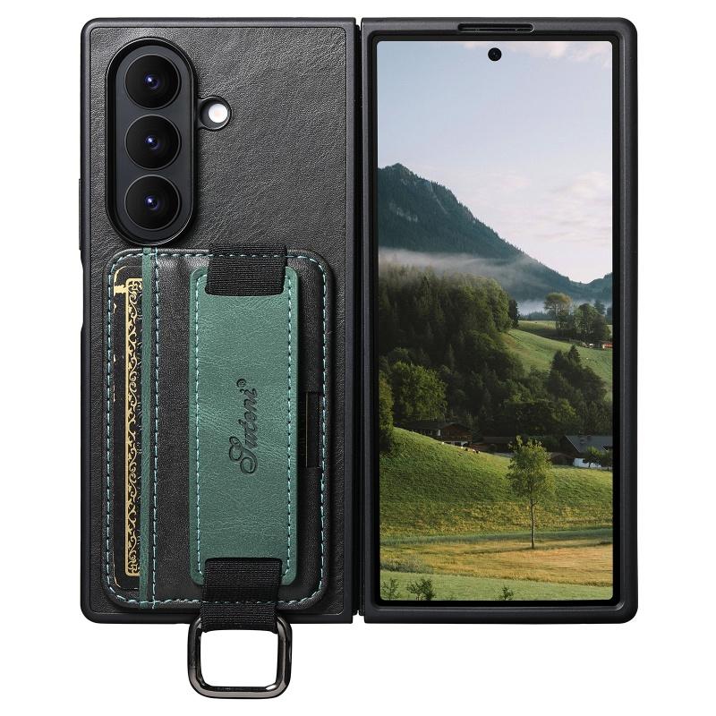 Чехол для телефона Samsung Galaxy Z Fold 8 Ultra 7 6 5 Ударопрочный с ремешком на запястье, кольцом-держателем, из искусственной ретро ПУ кожи, с держателем для карт, подставкой