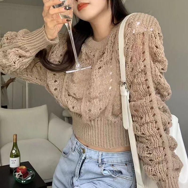 French Autumn Sweater Women's Solid Color Round Neck Hollow Knit Sweater Bubble Sleeve Knit Sweater Top Casual Knit Sweater