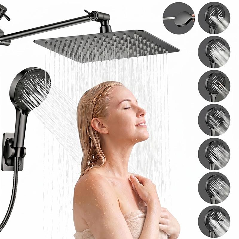 Complete Adjustable Shower Set, 8 Inch Ceiling Shower Head & 5.51 Inch Large Panel Handheld Shower, 8‑Mode Hand Shower With Spray Gun Function,