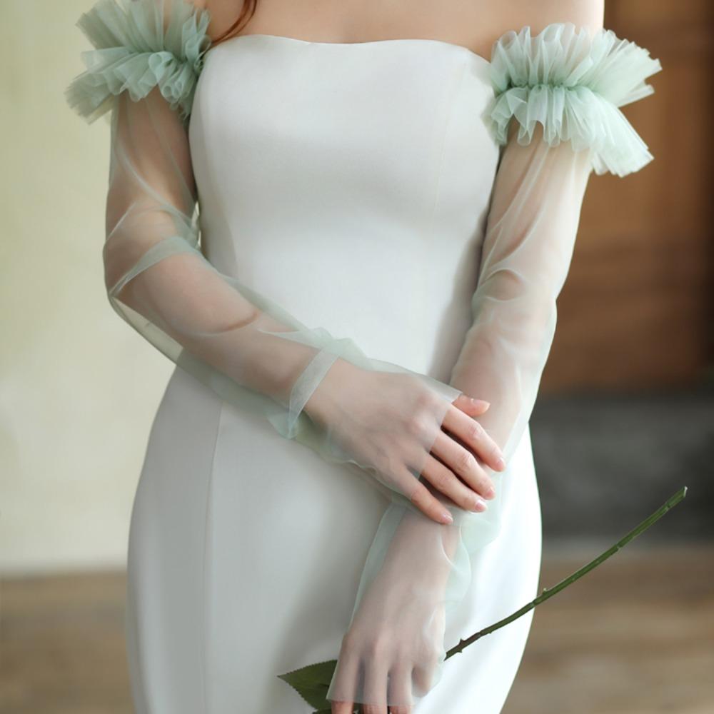 Korean Style Wedding Long Sleeves Solid Color Pleated Lace Arm Covers Bridal Arm Sleeves Female