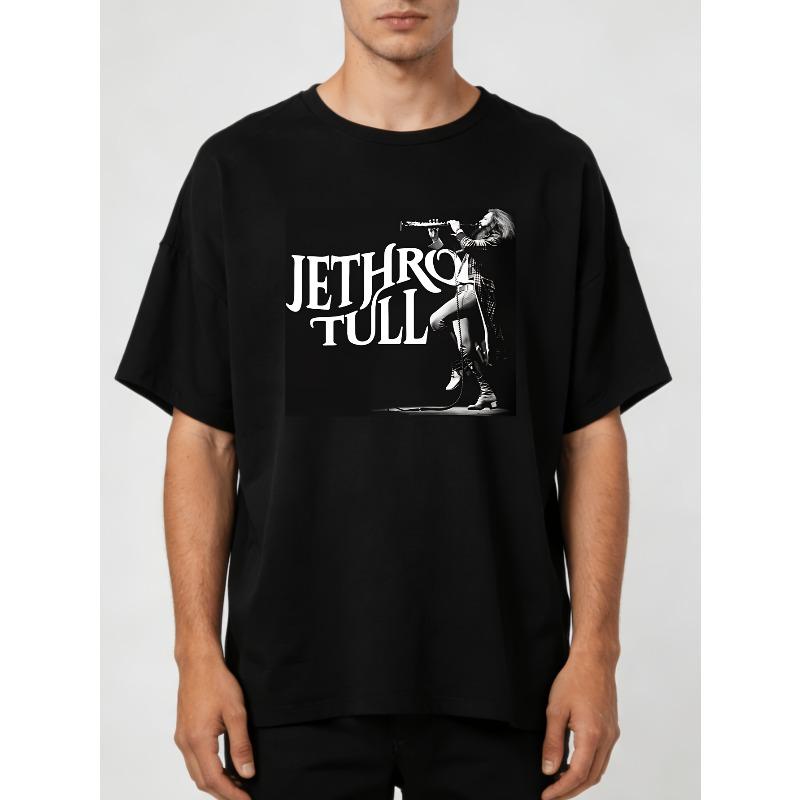 Лучший выбор Мужская винтажная футболка с графическим принтом группы Jethro Tull - Черная с белым принтом музыкальных инструментов и дизайном флейты Иэна Андерсона - Мягкая ретро-футболка для любителей музыки