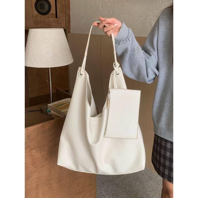 Large Capacity PU Leather Tote Bag Soft Minimalist Solid Color Shoulder Women Daily Use Urban Style