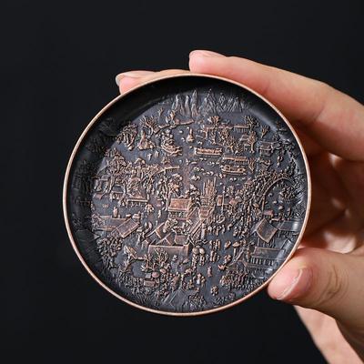 Ретро Медный коврик для чашки Теплоизоляционный коврик Двусторонний Изысканный рельеф на карте реки Круглый китайский домашний чай Аксессуары Новый