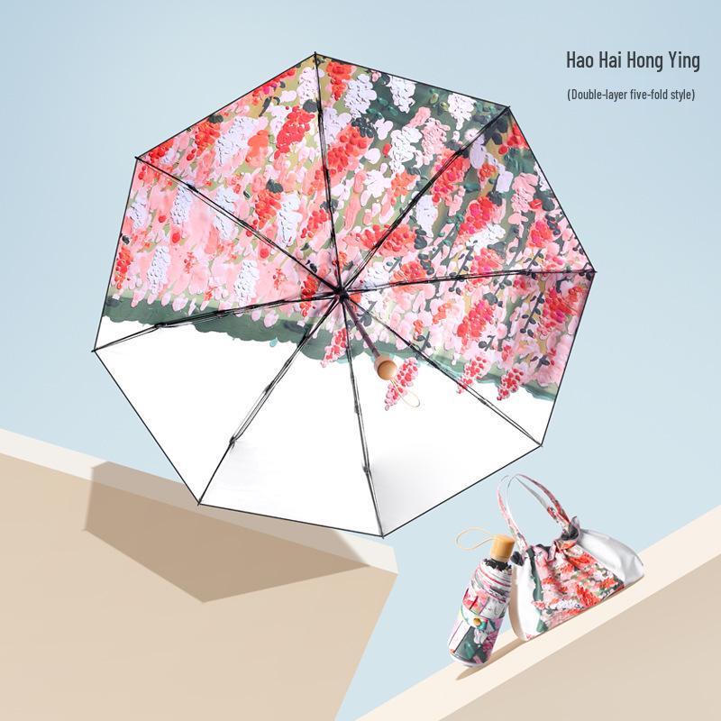 Women's UV-Protection Foldable Sun Umbrella - Compact, Portable, Manual, for Rain or Shine with Black Glue Coating.