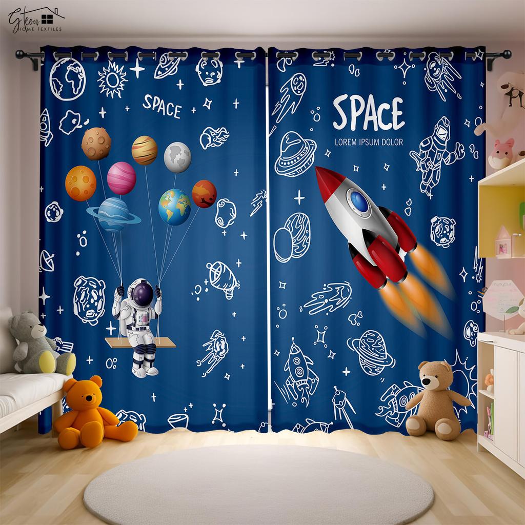 Мультфильм Вселенная 3D Печать Шторы Космонавт Астронавт Космический корабль Ракета Планета Инопланетянин Спальня Детская комната Шторы 2 ШТ