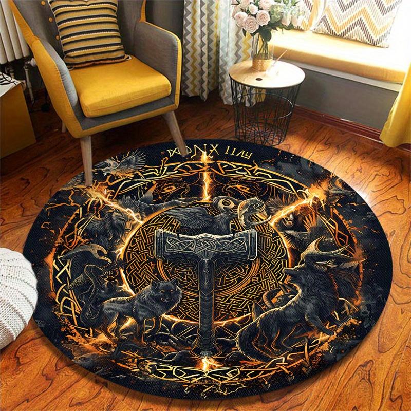 Viking Inspired Round Rug, Polyester Non-Slip Machine Washable Mat for Indoor Outdoor Living Room Bedroom Office Decor