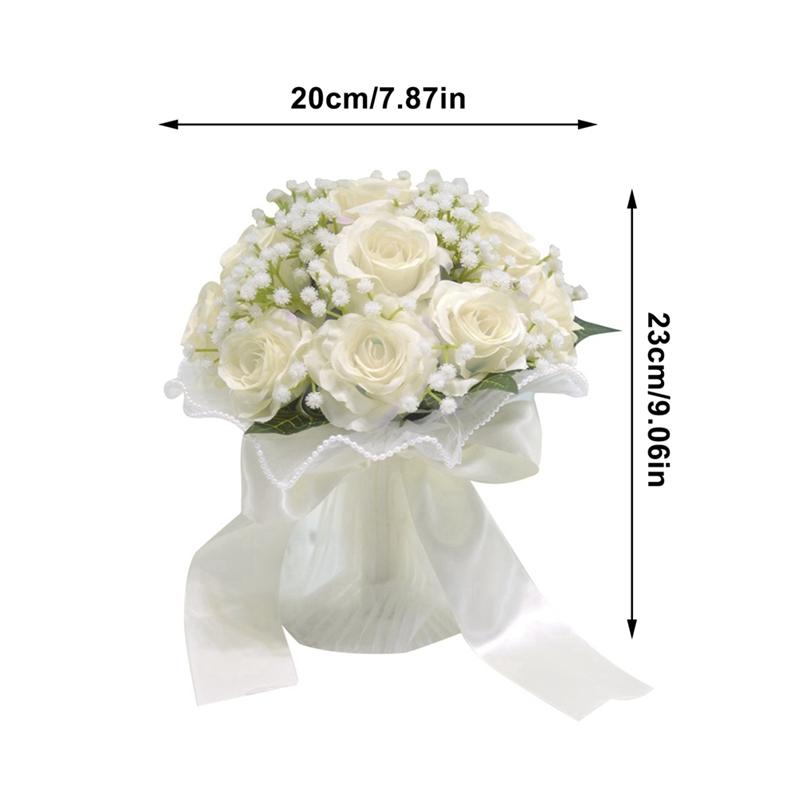 23/30cm White Artificial Roses Bride Bouquet Flowers With Ribbon Romantic Wedding Party Decoration DIY Bridal Floral Bouquets