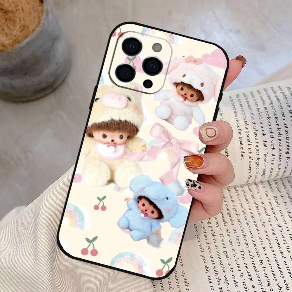 Милый Чехол для Телефона с Мончичи M для iPhone 17,16,15,14,13,12,11 Plus,Pro Max,XS,Мягкий Силиконовый Черный Чехол
