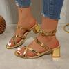 2025 New Fashion Golden Narrow Band Sandals Women Thick Casual High Heels Shoes Silver Ankle Wrap Sandal Women Shoes for Women