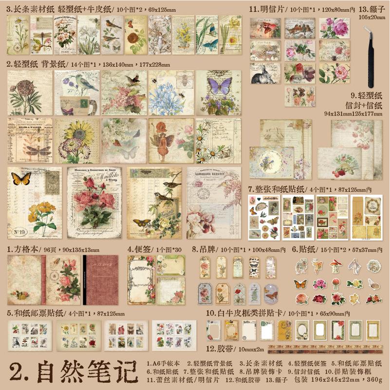1box/202pcs Vintage Gift Box Set, Decorative Scrapbook Materials, Including Retro Papers, Stickers and Embellishments