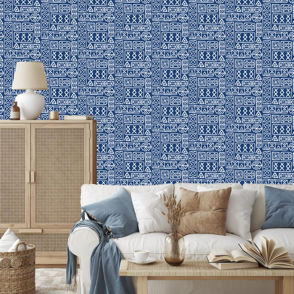Polynesian Geometric Pattern Wallpaper Blue 50x1000