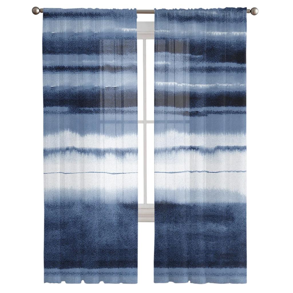 Watercolor Stripes Abstract Gradient Blue Sheer Voile Window Curtains Tulle Curtains Living Room Balcony Decoration Drapes