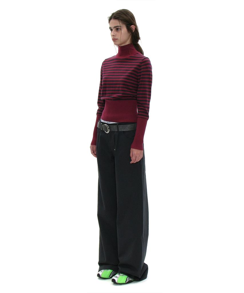 PARTIMENTO WOMEN Pwc High-Neck Back Button-Up Knit Top_Plum Stripe