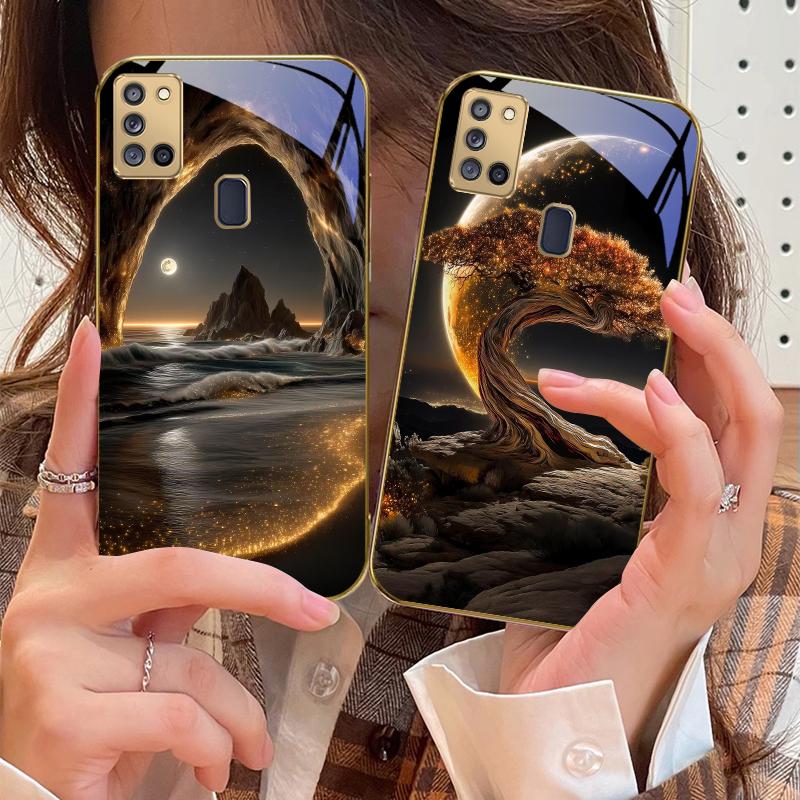 Дикая природа вен Для Samsung A 31 32 A33 A34 35 14 A15 13 16 25 26 50 52 53 54 55 56 70 71 72 73 Золотой стеклянный чехол для телефона