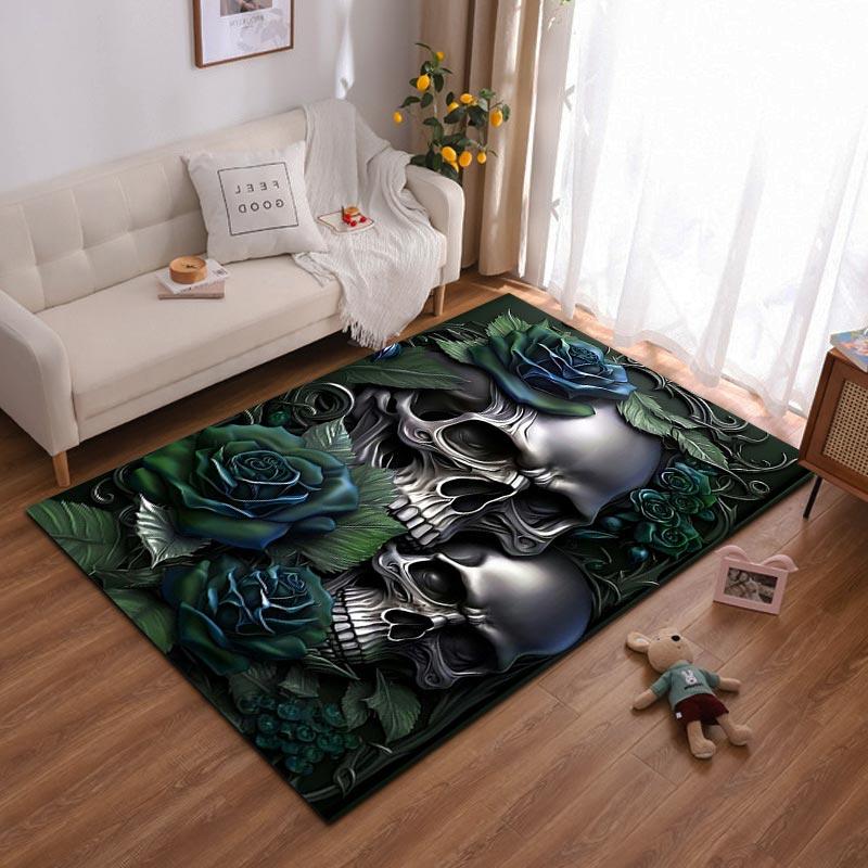 "Skull and Green Roses Pattern Gothic Style Carpet for Home Decor" Suitable for use as an anti-slip for living room bedroom sofas