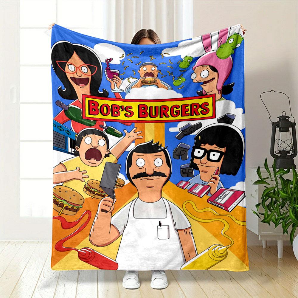 Cartoon characters surrounding a "Bob's Burgers" sign with food and items. for all seasons blanket lunch break throw gift