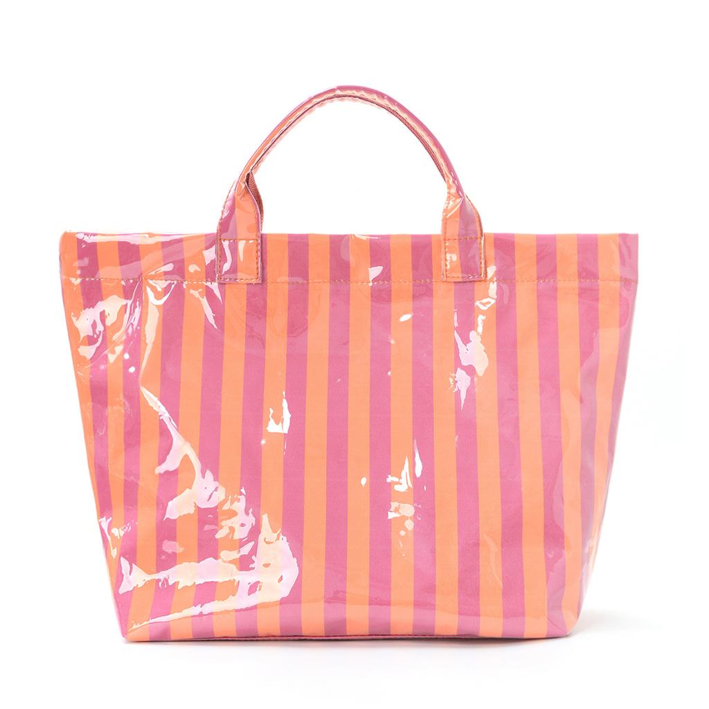 Striped PVC Tote Bag, Large Capacity Commuter & Travel Shoulder Handbag | Lightweight Magnetic Snap Bag with Inner Zipper Pocket