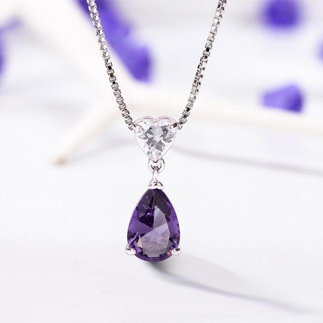 925 Silver Pendant Necklace with Oval Shape Amethyst Gemstones Zircon Hearty Shape Stone Women Party