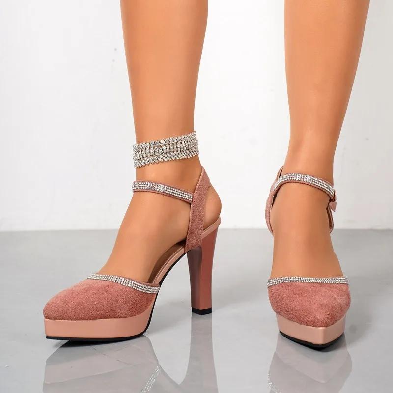 Женская обувь больших размеров, женские сандалии с закрытым носком, элегантные сандалии для платья, женские туфли на высоком каблуке с ремешком и кристаллами
