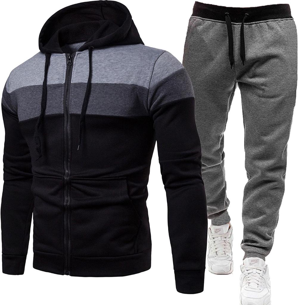Мужской повседневный спортивный костюм 2024: Комплект из двух предметов: куртка с капюшоном в стиле пэчворк и длинные брюки для весны/осени.