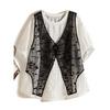 Ramie Cotton Fake Two-Piece Artistic Goddess Shirt! Fake Two-Piece Lace Single-Breasted Lantern Sleeve T-shirt Breathable