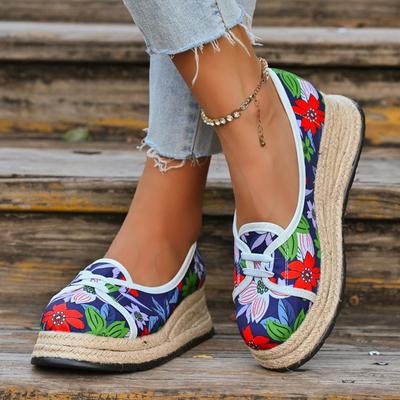 Мода Мода Одинарная обувь Осень Новые Круглый носок Мелкий вырез Принтованная Соломенная платформа Нескользящая Износостойкая Обувь на каблуке-рюмочке