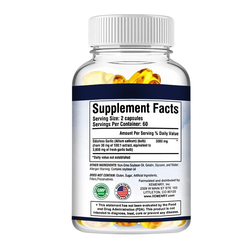 XEMENRY - Odorless Garlic Capsules - 3000mg Garlic Extract - Immune System & Cardiovascular Health