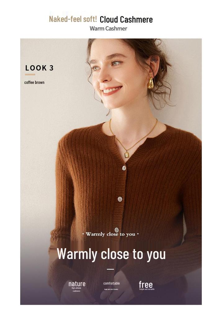 Women's Cable Knit Cashmere Cardigan: Round Neck, Long Sleeve, Buttoned, Versatile Autumn/Winter Sweater.