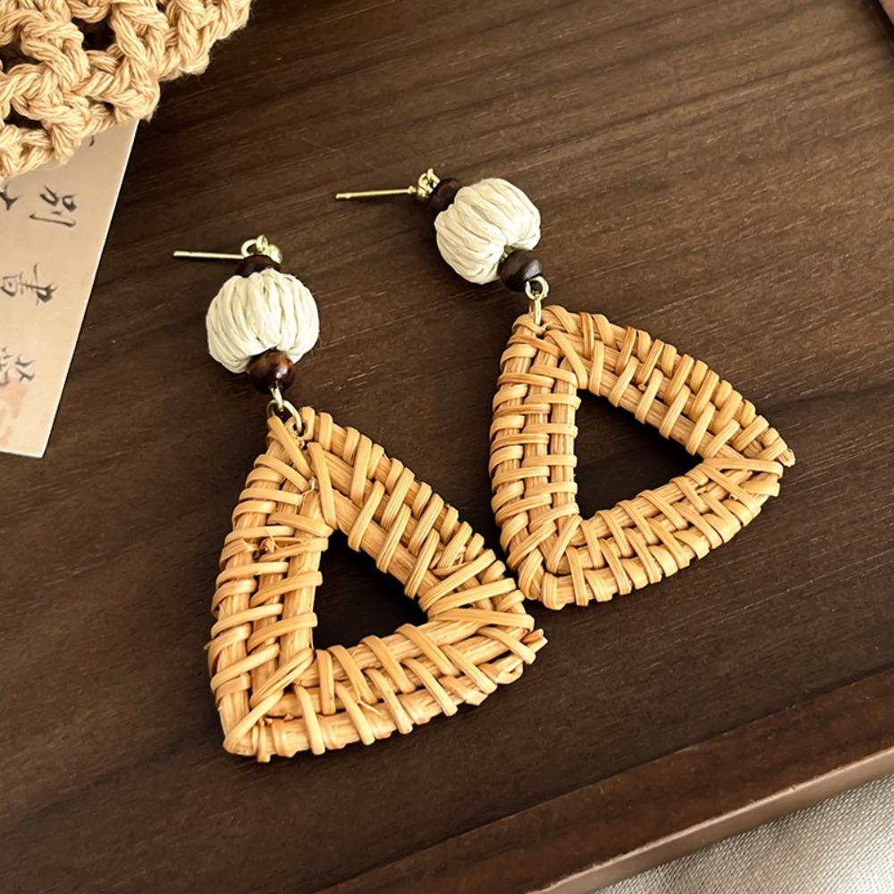 Round Rattan Weave Earrings Flower Beach Jewelry Cute Bohemian Drop Earrings Wedding
