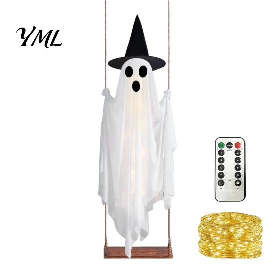 Decorative Ghost for Front Porch Luminous Halloween Hanging Swing with Witch Hat, Remote-controlled Adjustable Creepy Ornaments Brightness,