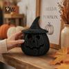 Handmade Woven Texture Craft Faux Rattan Halloween Pumpkin Figurine, Black Resin Statue with Witch Fall Holiday Window Display Hat, Rustic Wicker