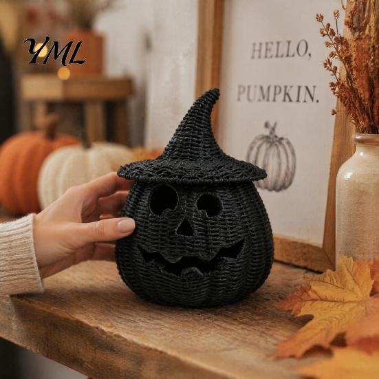 Handmade Woven Texture Craft Faux Rattan Halloween Pumpkin Figurine, Black Resin Statue with Witch Fall Holiday Window Display Hat, Rustic Wicker