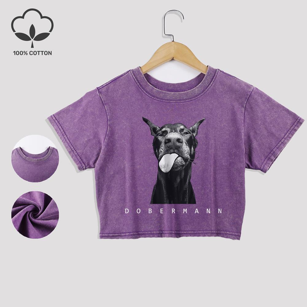 Модная Креативность Принты Добермана Хлопковые Укороченные Футболки Кружевной Подол Выстиранные Футболки Стандартная Посадка Потертые Топы Повседневная Одежда