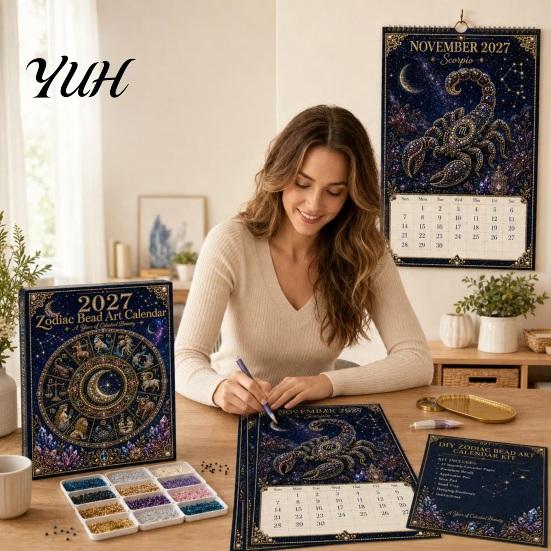 Beginner Friendly Bead Kit 2027 Twelve Zodiac Art Calendar Kit, Handmade Rhinestone Painting 12 Month Wall Hanging Calendar, Beginner-Friendly